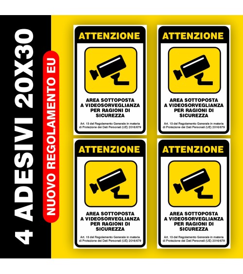 4 ADESIVI CARTELLO VIDEOSORVEGLIANZA 20X30 CM