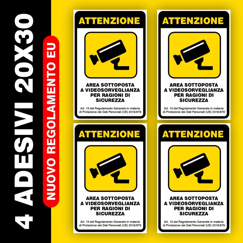 4 ADESIVI CARTELLO VIDEOSORVEGLIANZA 20X30 CM