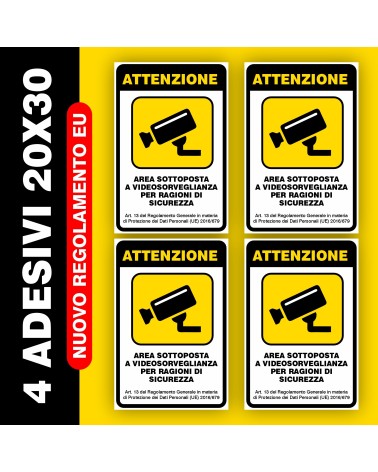 4 ADESIVI CARTELLO VIDEOSORVEGLIANZA 20X30 CM