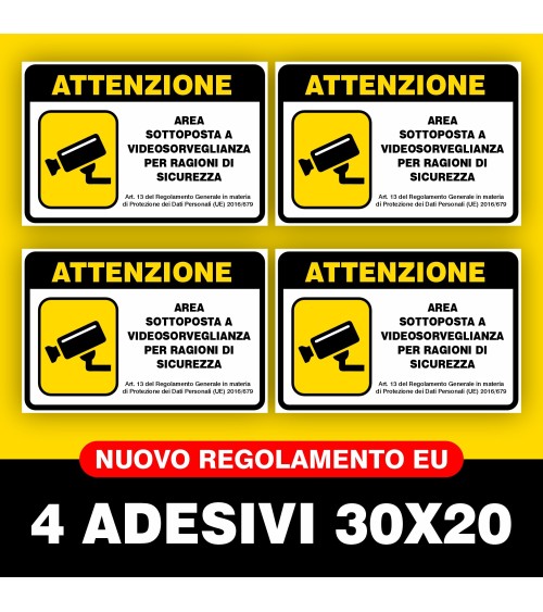 4 ADESIVI CARTELLO VIDEOSORVEGLIANZA 30X20 CM