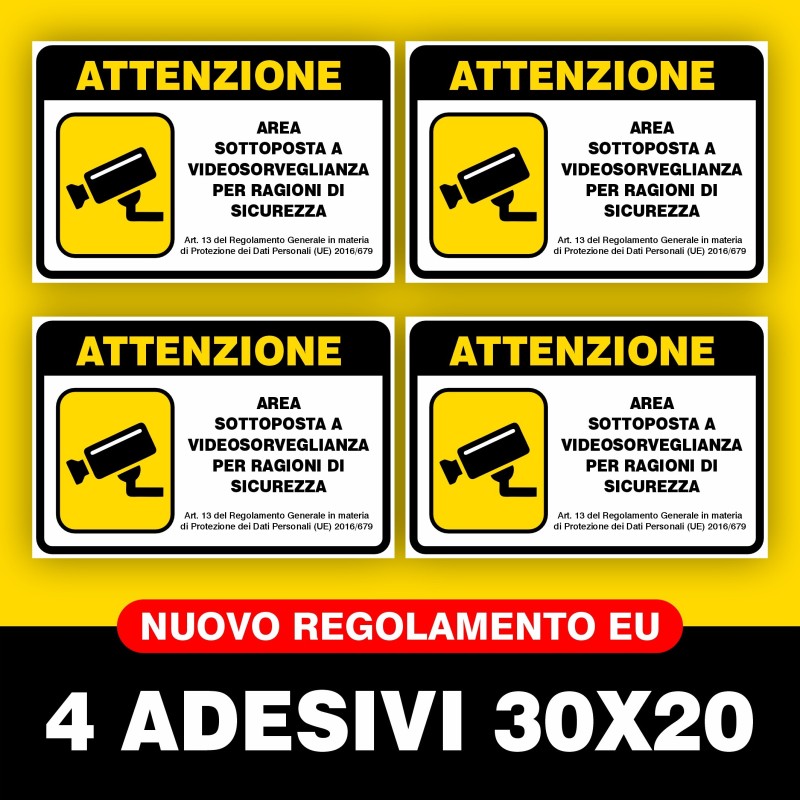 4 ADESIVI CARTELLO VIDEOSORVEGLIANZA 30X20 CM