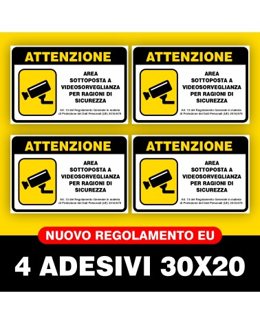 4 ADESIVI CARTELLO VIDEOSORVEGLIANZA 30X20 CM